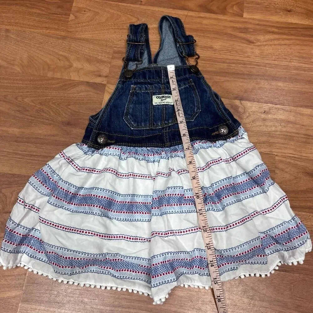 OshKosh B'gosh Kids Girls Red White Blue Denim Stripe Overall Jumper Dress 3T